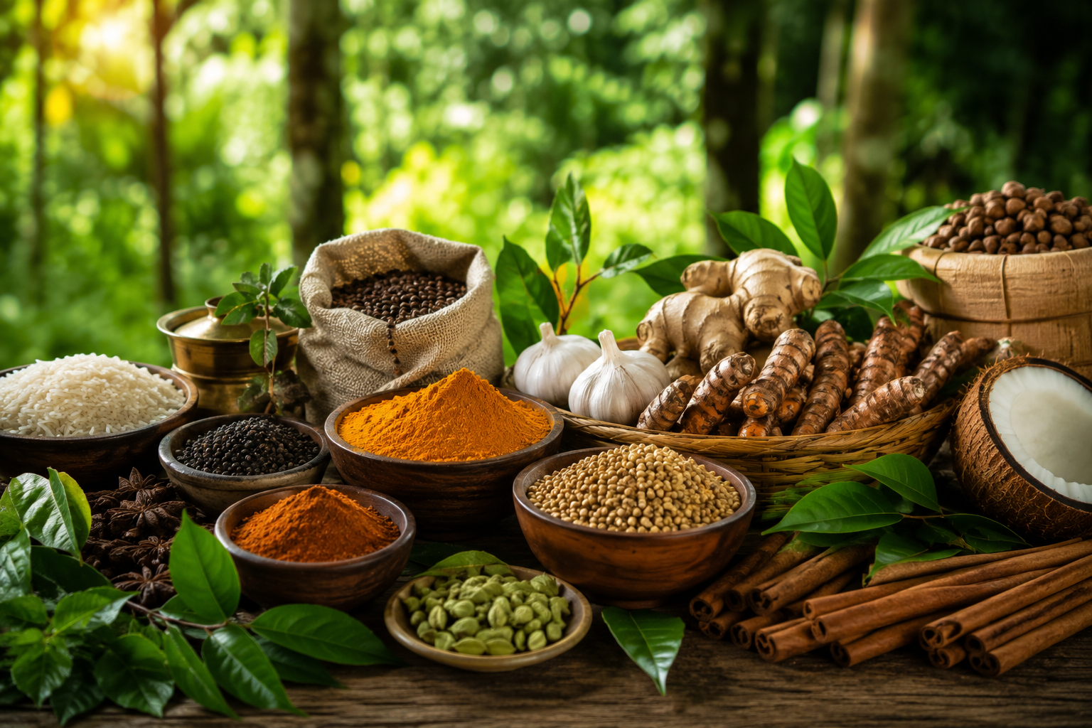Natural pantry ingredients arranged with spices, roots, and fresh leaves